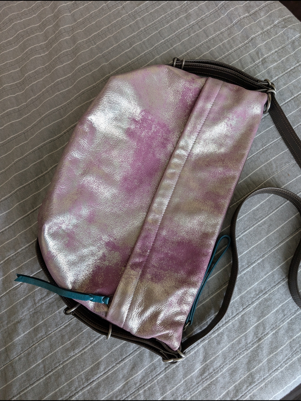NWOT Rough & Tumble CUSTOM- Duffel Single Zip 3-in-1 Hobo Lamb Leather Gold/Pink - Picture 13 of 15